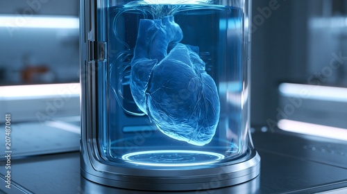 Genetically edited porcine heart suspended in nutrient fluid inside preservation canister for xenotransplantation surgery
