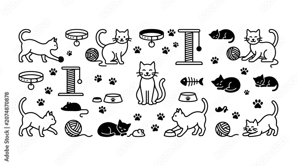 Naklejka premium Cute Cat Icons and Symbols Collection