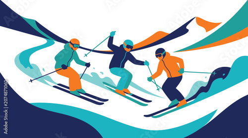 Quadro su tela Vibrant skier trio gliding down snowy slopes in dynamic motion winter sports and recreation concept with colorful abstract design