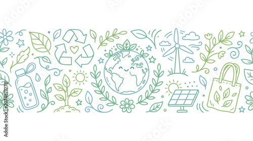 A vibrant, hand-drawn illustration of environmental sustainability elements, featuring a smiling Earth, recycling symbols, solar panels, and wind turbines.