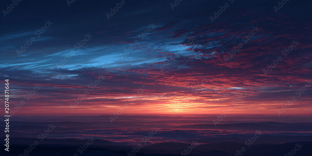 Fototapeta premium Sunrise over Mountain Range with Dramatic Clouds