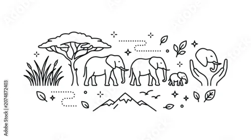 Obraz Elephant Family Safari Line Art