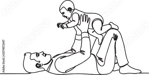 Fotografie Father lying down holding baby up in line art style with minimalist parenting il