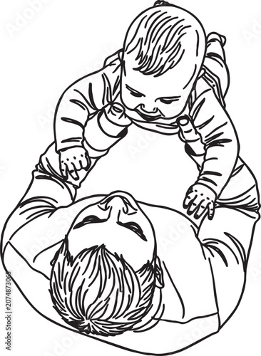 Obraz na plátne Top view line art illustration of a father holding his baby aloft with illustrat