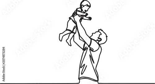 Cuadro en lienzo Minimal one-line drawing of a father raising his baby towards the sky with line