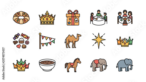 Schilderij op canvas Set of colorful hand drawn icons representing Three Kings Day celebration and traditions
