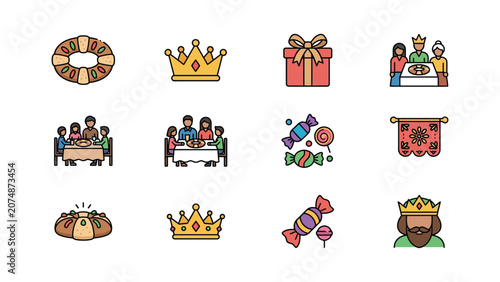 Tableau sur toile A collection of colorful icons representing Three Kings Day traditions and celebrations