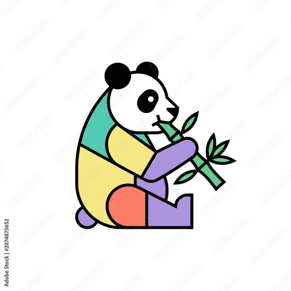 Fototapeta premium Cute cartoon panda eating bamboo with colorful geometric body segments.