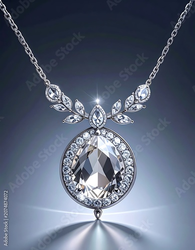 A close-up of a sparkling diamond pendant necklace on a dark background