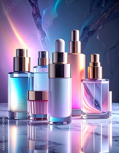 A collection of colorful perfume bottles on a marble surface