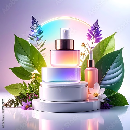 A colorful, futuristic arrangement of glowing skincare products