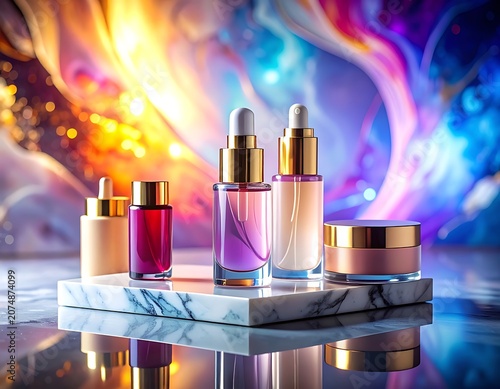 A colorful arrangement of beauty products on a marble stand