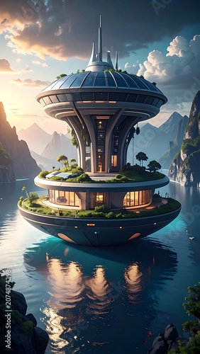 A futuristic, multi-tiered, domed structure floats on water