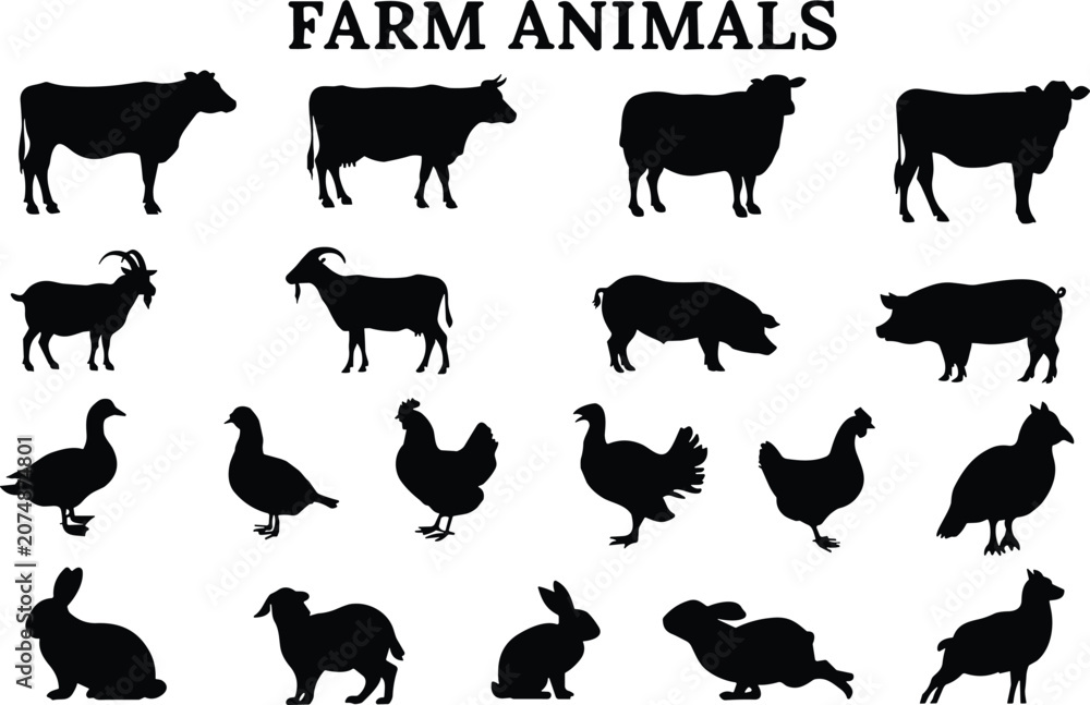 Obraz premium Set of farm animals silhouettes, collection of domestic animals, vector illustration