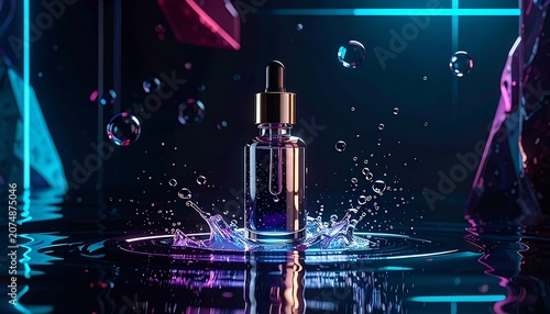 A clear glass bottle with a gold cap sits on a wet surface