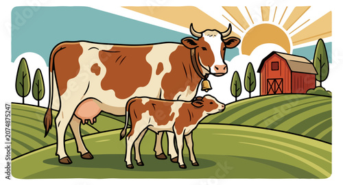 Illustration of a cow and calf grazing on a sunny farm landscape