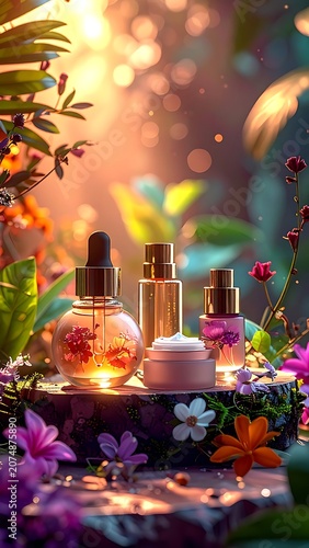 A serene arrangement of skincare bottles amidst vibrant flowers