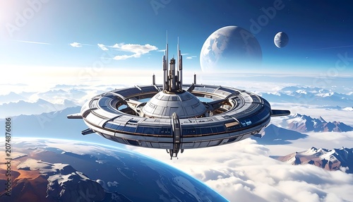 A futuristic spaceship hovers above a blue planet
