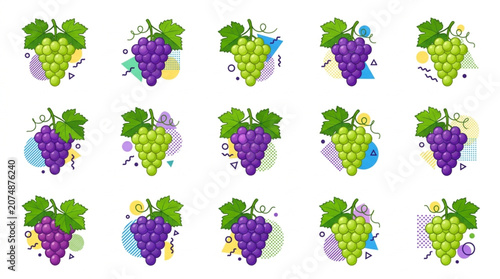 Foto Assorted Grapes with Leaves and Abstract Shapes.