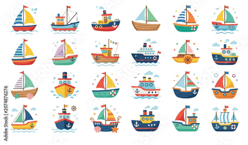Colorful cartoon boat and ship illustrations