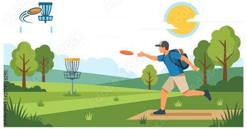 Young Man Playing Disc Golf in Park on Sunny Day