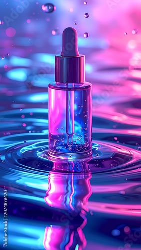 A glass dropper bottle on rippling water with neon reflections (2)