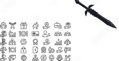 Canvastavla Business employee benefits line icon vector set with corporate compensation and