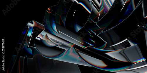 Fotografie Abstract 3d render of glossy metallic ribbons with chromatic aberration effect,