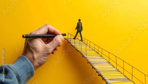 Hand draws bridge toward distant figure against bright yellow background