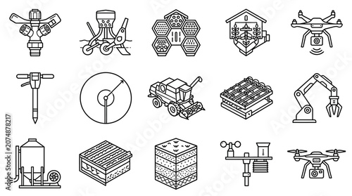 Industrial machinery and robotic equipment icons.
