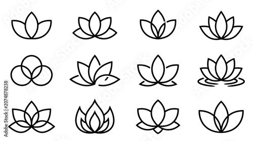 Lotus Flower Icons Line Art.