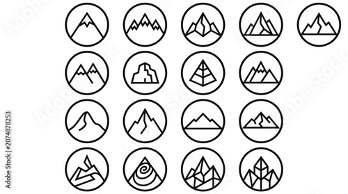 Mountain range icons in circles.