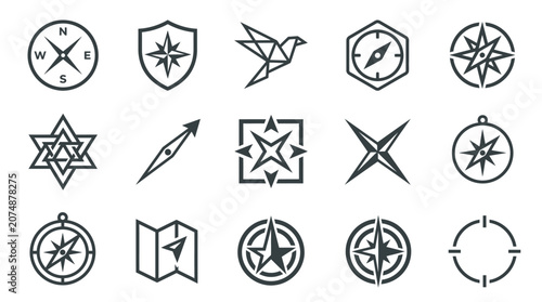 Navigation icons and compass symbols.
