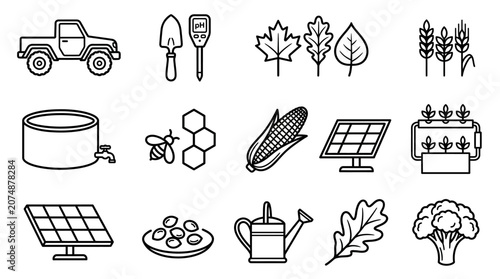 Sustainable farming and renewable energy icons.