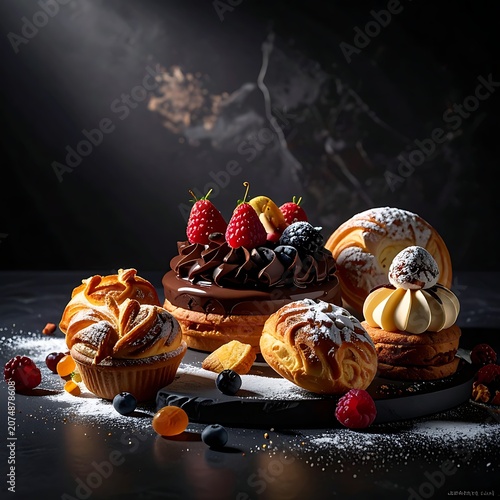 Assorted pastries on a dark surface with dramatic lighting