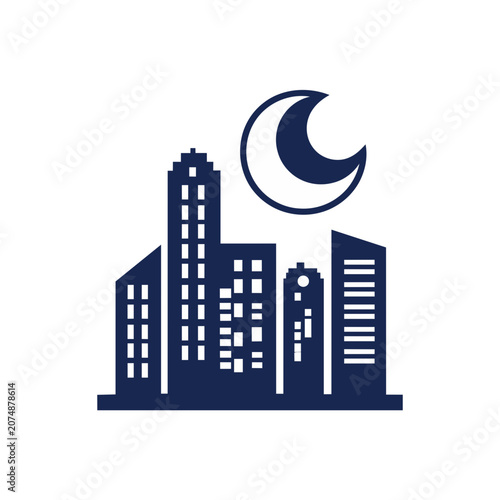Flat vector icon of city skyline with crescent moon