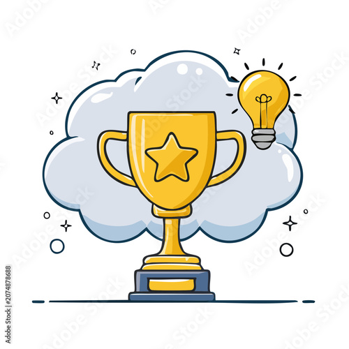 Golden trophy with star and light bulb on cloud