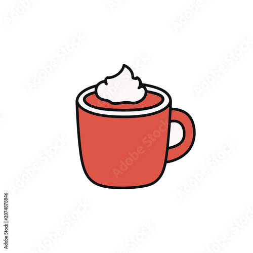 Red coffee cup with whipped cream flat vector illustration