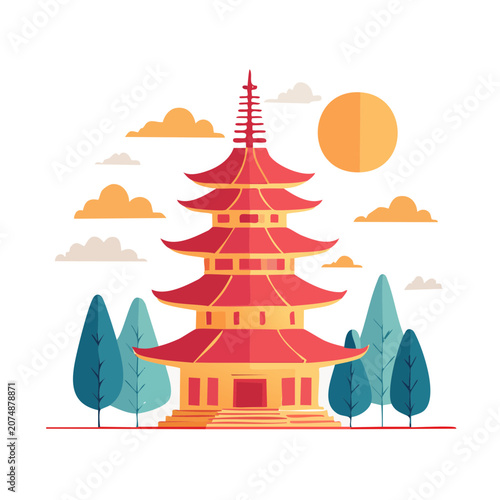 Red pagoda with mountains and clouds illustration
