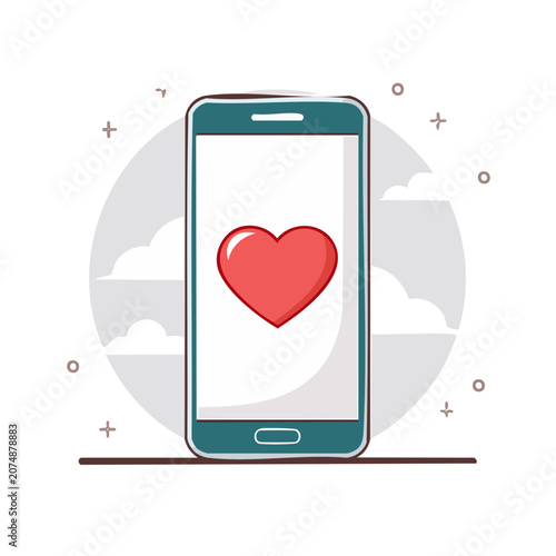 Smartphone with red heart icon flat vector illustration