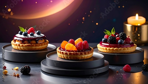 Three tarts with fruits on black plates