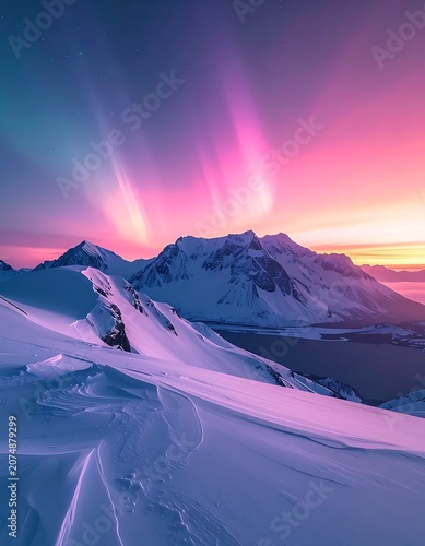 A serene snowy mountain range during a vibrant aurora display