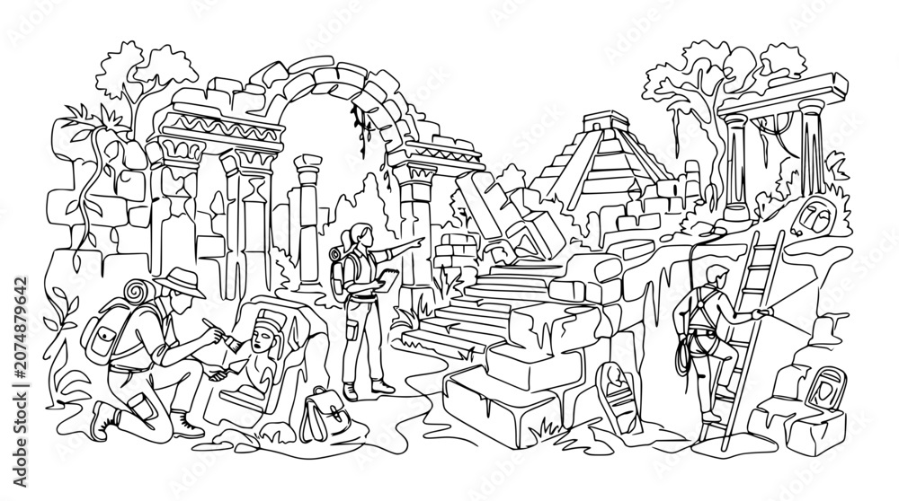 Obraz premium Archaeologists excavating ancient Mayan ruins with pyramids and jungle overgrowth.