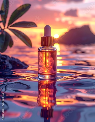 A serene sunset scene with a glass dropper bottle in water