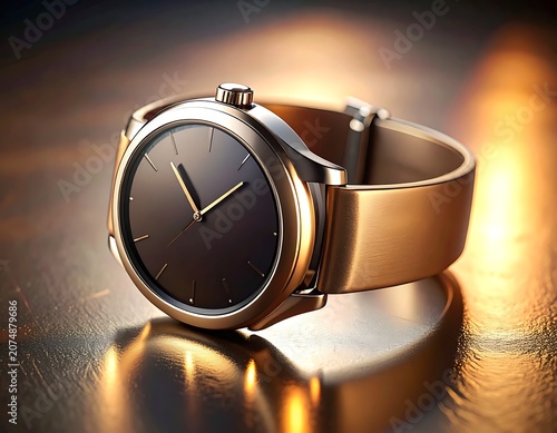 A sleek, modern wristwatch with a metallic band and black face