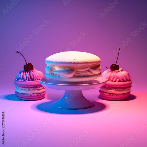 A vibrant dessert display with macarons and a cake