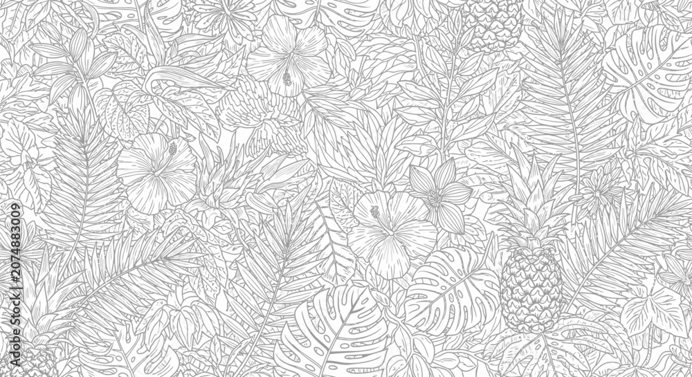 Obraz premium Detailed hand-drawn tropical exotic jungle seamless pattern with palm leaves, hibiscus flowers, and pineapples, line art background.
