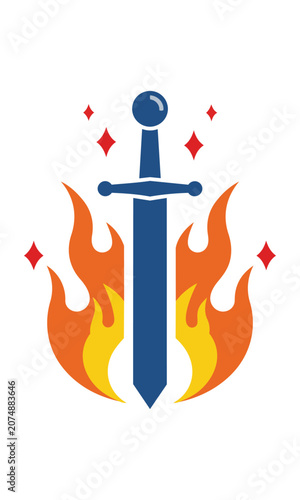 Minimalist emblem featuring a centered longsword with rising stylized flame motifs and diamond sparks on a solid white background, heraldic design concept