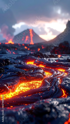 A landscape of molten lava flows with distant volcanic peaks