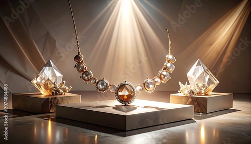 A luxurious arrangement of crystal objects on stands